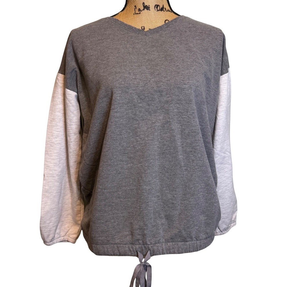Anne Klein Womens Colorblock Cinched Hem Fleece Pullover Sweatshirt Grey Medium